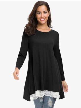 NWOT Women's Long Sleeve Black Swing A-line Shirt Loose Tunic Blouse White Lace